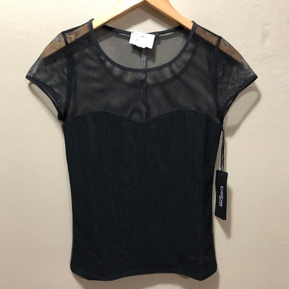 {bebe sport} NWT Black Mesh Sweatheart Top - Picture 4 of 10